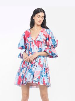 MANDIRA WIRK - Women Multi Colour Satin Printed Short Tiered Dress