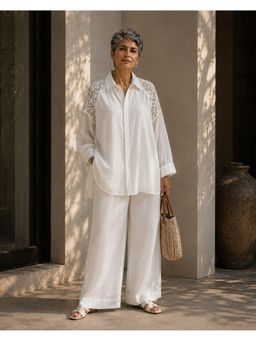 Vaaya - White Mul Chanderi And Lace Full Sleeves Shirt