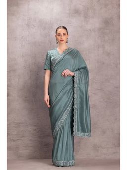 Janki India - Sky Blue Pure Silk Saree with Stitched Blouse and Petticoat