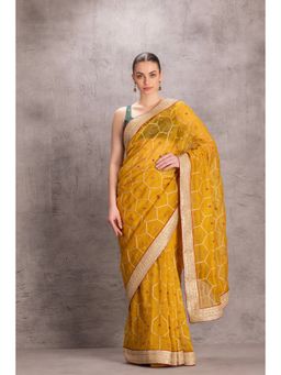 Janki India - Yellow Organza Silk Saree with Stitched Blouse Comes and Petticoat