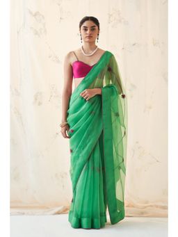Janki India - Emerald Green Organza Saree with Stitched Blouse and Petticoat