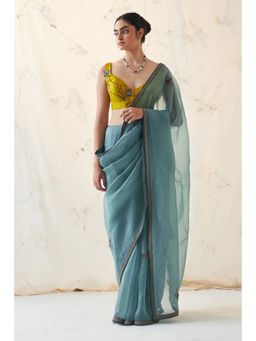 Janki India - Teal Organza Saree with Stitched Blouse and Petticoat