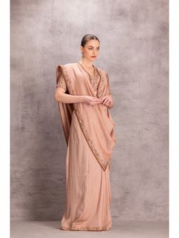 Janki India - Rose Gold Muga Silk Saree with Stitched Blouse and Petticoat