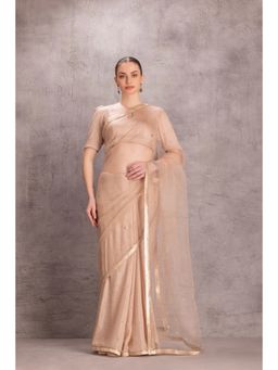 Janki India - Beige Organza Saree with Stitched Blouse and Petticoat