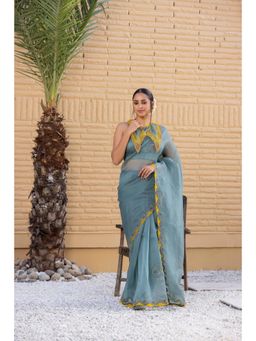 Janki India - Teal Organza Saree with Stitched Blouse and Petticoat