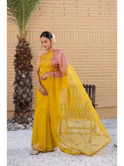 Janki India - Yellow Organza Silk Saree with Stitched Blouse and Petticoat