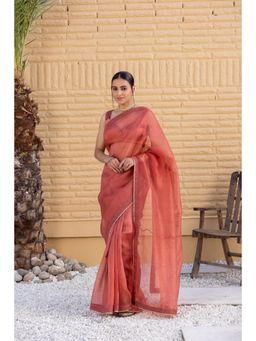 Janki India - Rust Organza Saree with Stitched Blouse and Petticoat