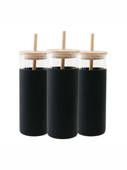 The Better Home - 450ml Borosilicate Tumbler with Sleeve And Bamboo Lid Straw Black Pack of 3