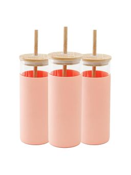 The Better Home - 450ml Borosilicate Tumbler with Sleeve And Bamboo Lid Straw Peach, Pack of 3