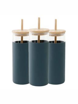 The Better Home - 450ml Borosilicate Tumbler with Sleeve And Bamboo Lid Straw Green, Pack of 3