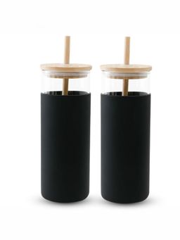The Better Home - 450ml Borosilicate Tumbler with Sleeve And Bamboo Lid Straw Black, Pack of 2