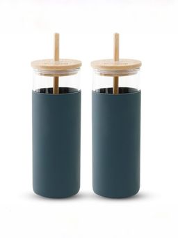 The Better Home - 450ml Borosilicate Tumbler with Sleeve And Bamboo Lid Straw Grey, Pack of 2