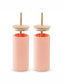 The Better Home - 450ml Borosilicate Tumbler with Sleeve And Bamboo Lid Straw Pink Pack of 2