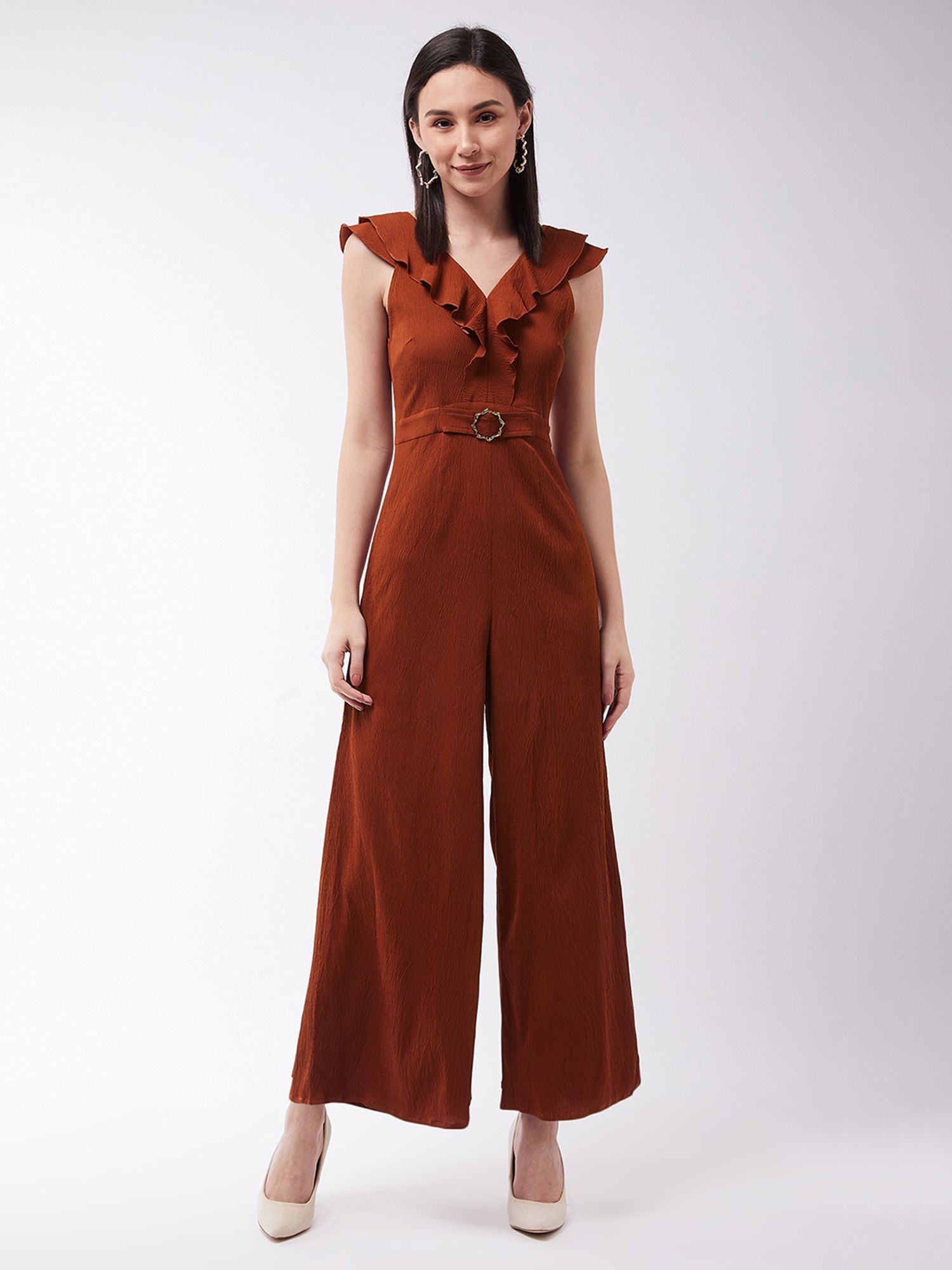 miss chase Women's Rust V-Neck Sleeveless Solid Wide-Leg/Ruffles Regular Jumpsuit-picture-39