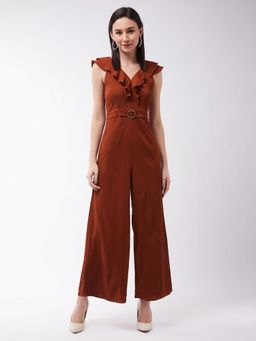 Miss Chase - Women's Rust V-Neck Sleeveless Solid Wide-Leg/Ruffles Regular Jumpsuit