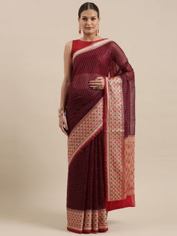 Banarasi Silk Works - Women Maroon Cotton Saree with Unstitched Blouse