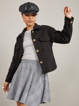 Styli - Black Short Length Patch Pocket Detail Wool Like Jacket