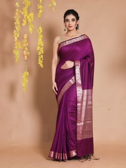 CHARUKRITI - Purple Silk Zari Floral Designs & Chevron Pallu Handwoven Saree with Unstitched Blouse
