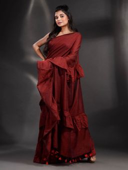Arhi - Maroon Pure Cotton Handwoven Ruffle Saree with Unstitched Blouse