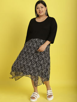 theRebelinme - Plus Size Womens Black & White Floral Printed A-Line Dress