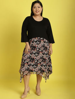 theRebelinme - Plus Size Womens Black, Pink & White Floral Printed A-Line Dress