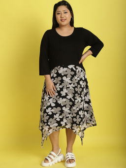 theRebelinme - Plus Size Womens Black, Grey & White Floral Printed A-Line Dress
