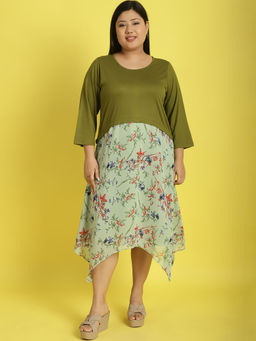 theRebelinme - Plus Size Womens Green, Sea Green & Red Floral Printed A-Line Dress