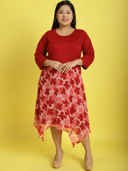 theRebelinme - Plus Size Womens Pink, Red & Orange Floral Printed A-Line Dress