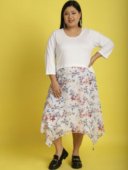 theRebelinme - Plus Size Womens White, Red & Blue Floral Printed A-Line Dress