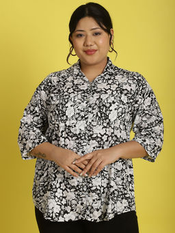 theRebelinme - Plus Size Womens Black White Floral Printed Casual Shirt