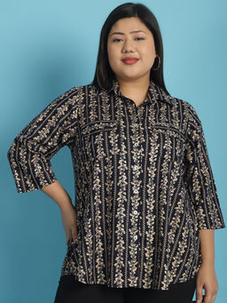 theRebelinme - Plus Size Womens Navy Gold Floral Abstract Printed Casual Shirt