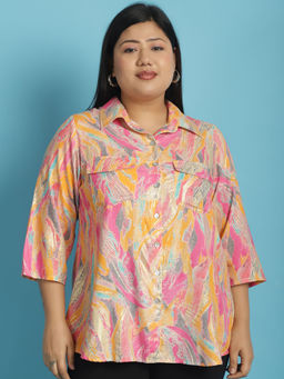 theRebelinme - Plus Size Womens Pink Gold Foil Floral Abstract Printed Casual Shirt