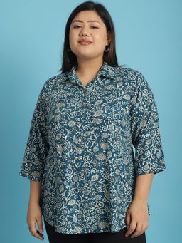 theRebelinme - Plus Size Womens Teal Floral Batik Abstract Printed Casual Shirt
