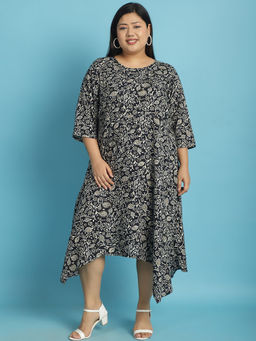 theRebelinme - Plus Size Womens Black Floral Batik Printed A-Line Midi Dress