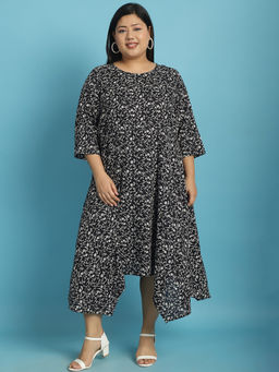 theRebelinme - Plus Size Womens Black Floral Printed A-Line Midi Dress