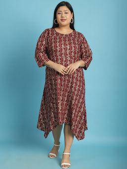 theRebelinme - Plus Size Womens Maroon & Gold Floral Printed A-Line Midi Dress