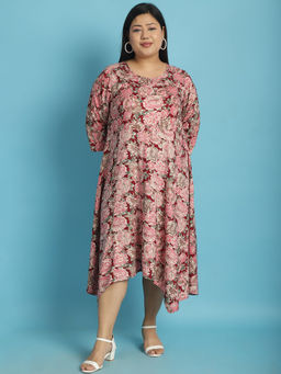 theRebelinme - Plus Size Womens Maroon Rose Floral Printed A-Line Midi Dress