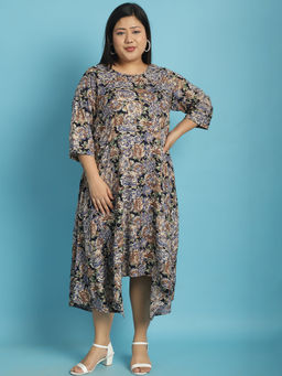 theRebelinme - Plus Size Womens Navy Rose Floral Printed A-Line Midi Dress