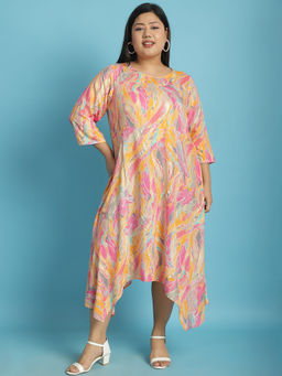 theRebelinme - Plus Size Womens Pink Gold Foil Printed A-Line Midi Dress