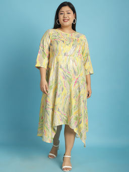 theRebelinme - Plus Size Womens Yellow Gold Foil Printed A-Line Midi Dress