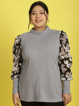 theRebelinme - Plus Size Womens Grey, Black And White Floral Printed Top
