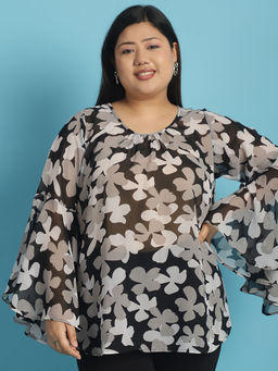 theRebelinme - Plus Size Womens Black, White & Grey Floral Print Georgette Top