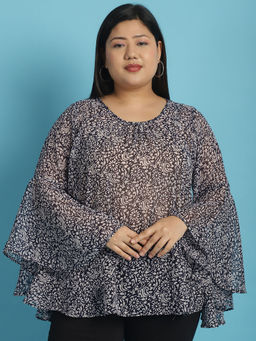 theRebelinme - Plus Size Womens Navy Blue & White Floral Print Georgette Top