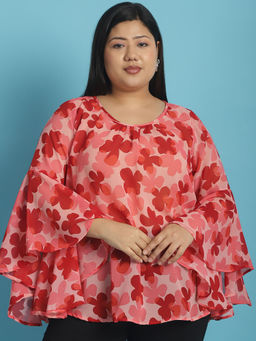 theRebelinme - Plus Size Womens Pink, Orange & Red Floral Print Georgette Top