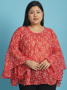 theRebelinme - Plus Size Womens Red & White Floral Print Georgette Top