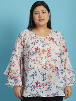 theRebelinme - Plus Size Womens White, Red & Blue Floral Print Georgette Top