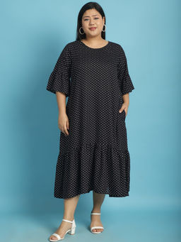 theRebelinme - Plus Size Womens Black Polka Dot Printed A-Line Midi Dress