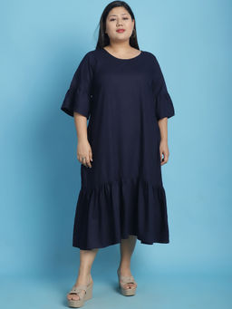 theRebelinme - Plus Size Womens Navy Blue Solid Color A-Line Midi Dress