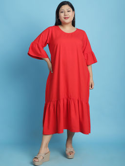 theRebelinme - Plus Size Womens Red Solid Color A-Line Midi Dress