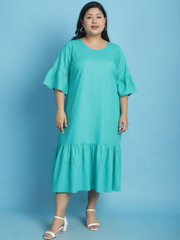 theRebelinme - Plus Size Womens Teal Solid Color A-Line Midi Dress